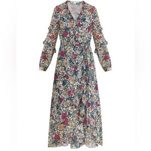 Veronica Beard Floral Wrap Midi Dress in Navy, Pink, Mustard